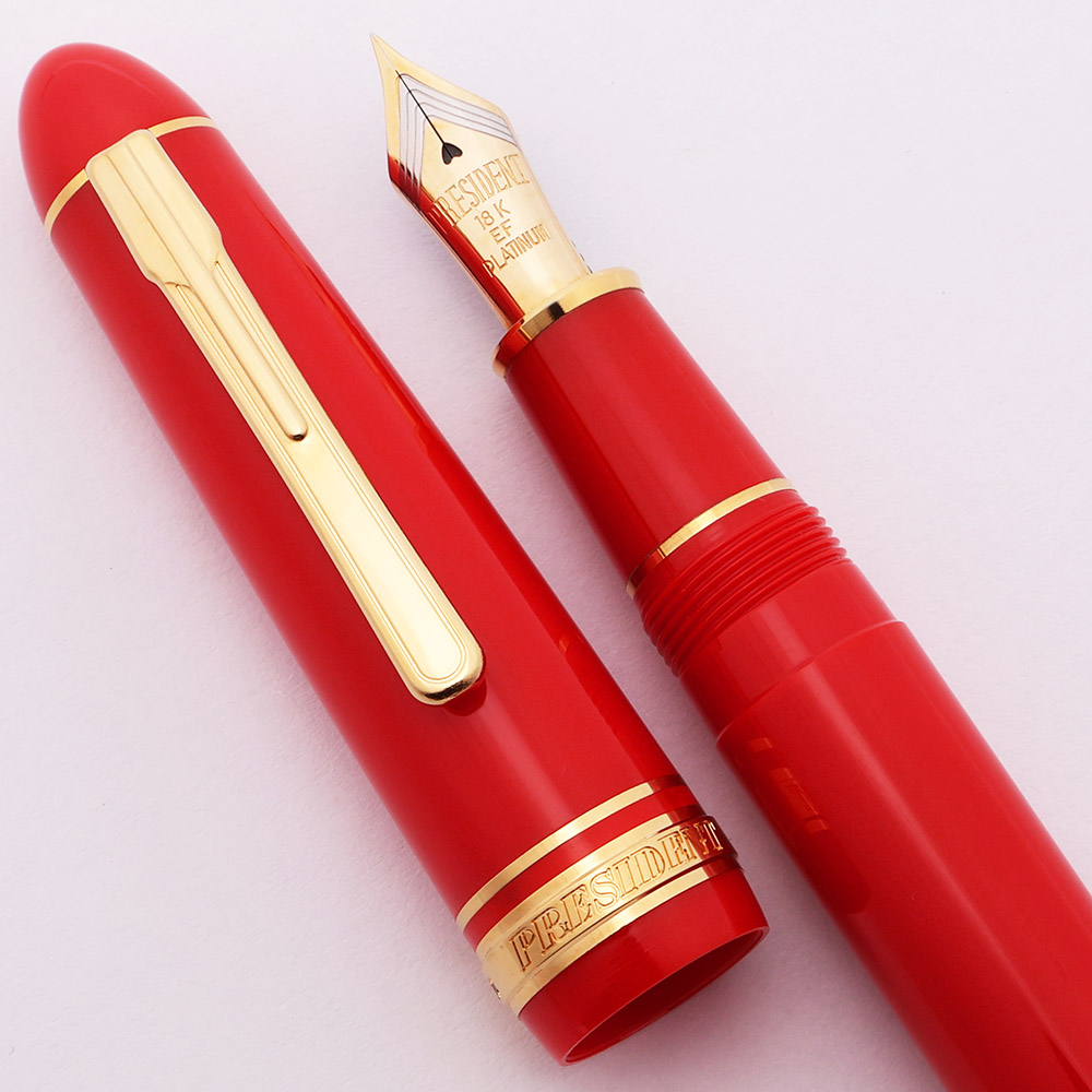 Platinum President Fountain Pen - Sky Red w Gold Trim, Extra-Fine